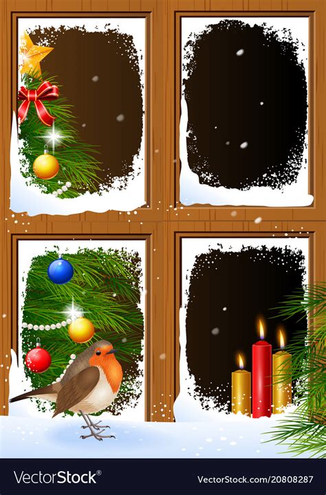 Christmas scenes seen through a wooden window Vector Image