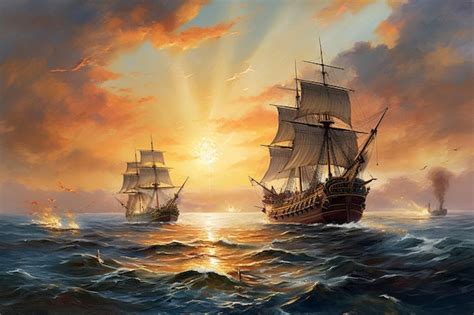 Premium AI Image | A painting of a ship and a sunset