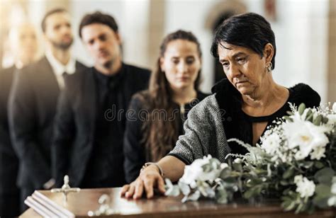 Death, Funeral and Holding Coffin in Church for Grief, Bereavement and with Family Together on ...