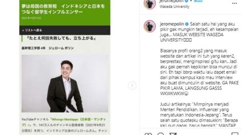 Jerome Polin Bangga Wajahnya Terpampang di Website Waseda University - MataMata.com