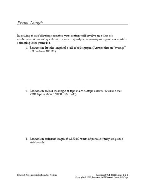 Fermi Length Assessment for 9th - 12th Grade | Lesson Planet