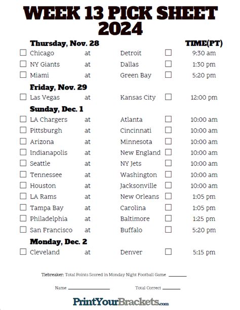 Pacific Time Week 13 NFL Schedule 2024 - Printable