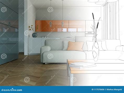 Interior Design Living Room Drawing Gradation into Photograph Stock ...