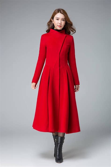 coats for women red winter coat asymmetrical coat pleated | Etsy