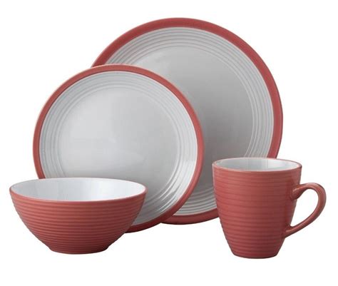 Crockery Cutlery Plates bowls Mugs 16 Piece Ribbed Stoneware Lunch ...