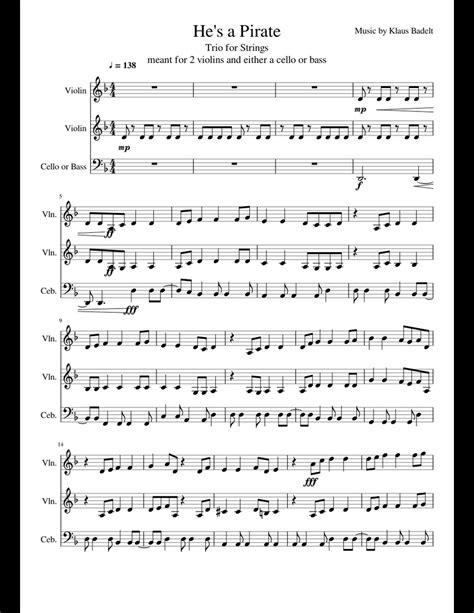 He's a pirate sheet music for Violin, Cello download free in PDF or MIDI