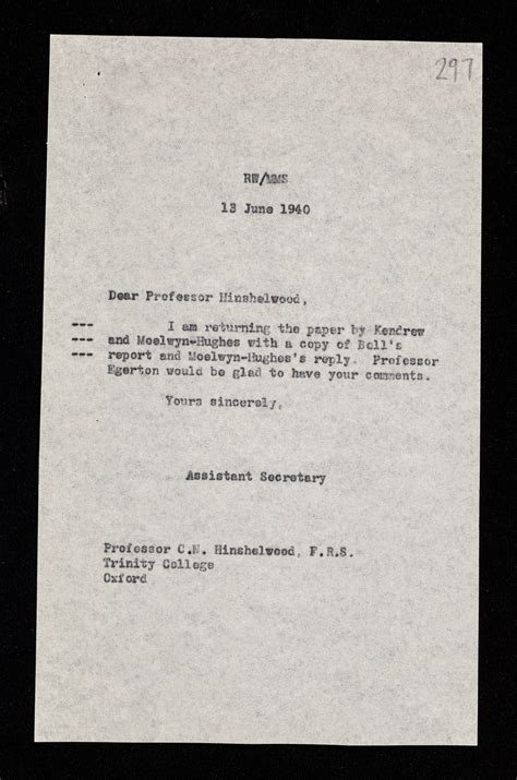 Letter from J D Griffith Davies, Assistant Secretary of the Royal Society, on a paper 'The ...