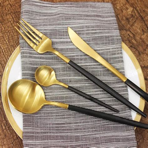 Elegant Gold Cutlery, Matte Gold/Black Handle PVD Stainless Steel Cutlery Set, 18/10 Gold ...