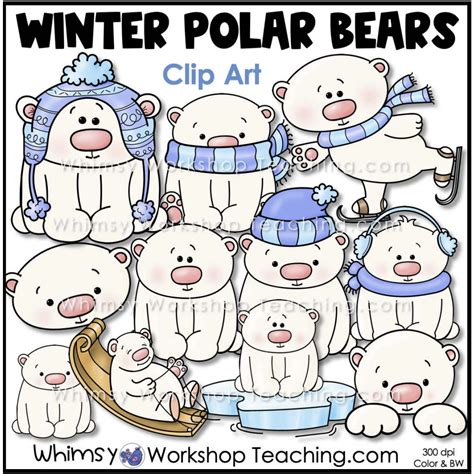 Happy Winter Polar Bears Clip Art Images Color Black White - Whimsy ...