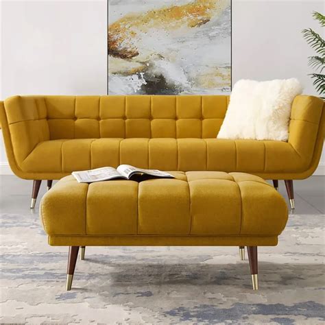 Yellow 82.7" Modern Velvet Upholstered Sofa 3-Seater Sofa Solid Wood ...