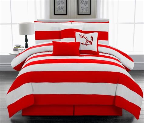 7Pc Nautical Themed Comforter set, Red & White Striped, Full, Queen ...