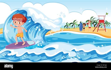 A boy surfing big wave illustration Stock Vector Image & Art - Alamy