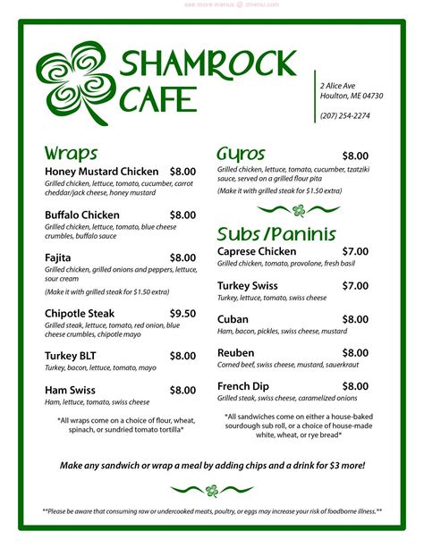 Menu at Shamrock Cafe, Houlton