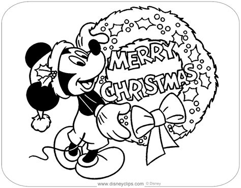 mickey mouse christmas coloring pages with the word merry on it and a wreath in the background