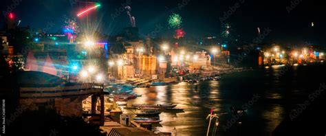 Beautiful night panorama skyline view of the ghats and Ganges River in ...