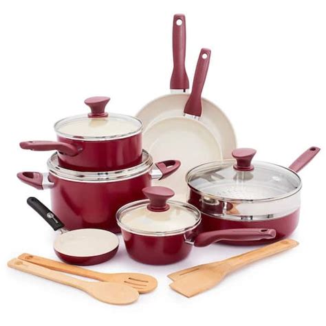 GreenPan Rio Healthy Ceramic Nonstick 16 Piece Cookware Pots and Pans in Set Red CC002330-001 ...