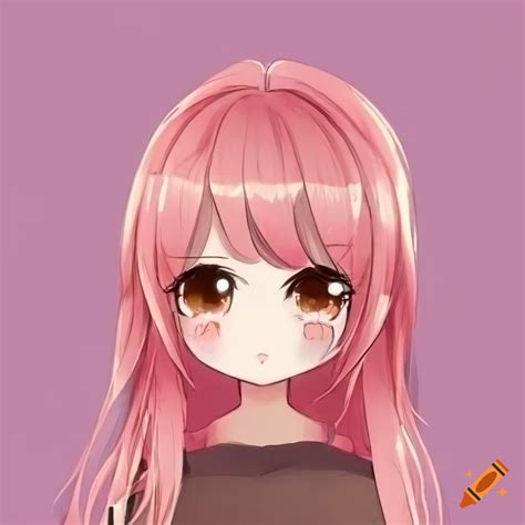 Sad kawaii chibi girl with long pink hair and big eyes, in an inn