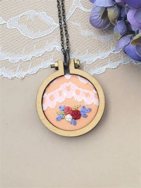 Mini Embroidery Hoop Necklace, Vintage Lace Trim, Boho Necklace, Thirteenth Anniversary, Lace ...