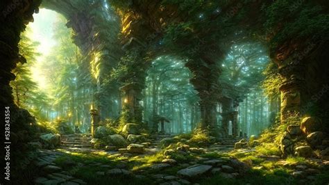 Fantasy forest landscape with stone ruins and bizarre vegetation at a ...