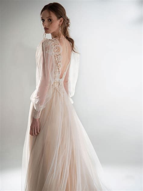 Puff sleeve A-line wedding dress with V-plunging neckline