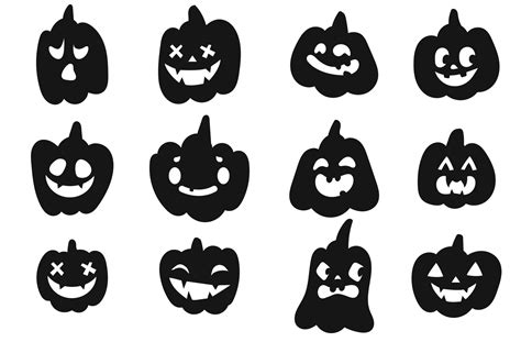 Collection of Halloween cute pumpkins carved faces. Black and white ...