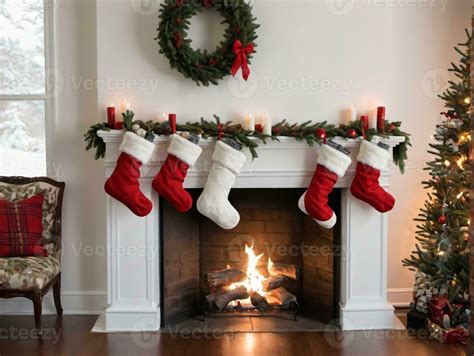 A Christmas Fireplace With Stockings And Stockings Hanging On It. AI ...