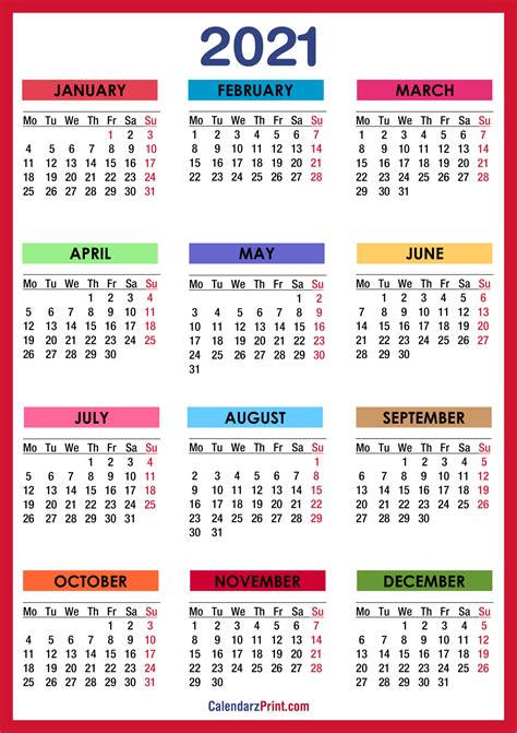 2021 Calendar Printable Free, Colorful, Red, Orange – Monday Start ...