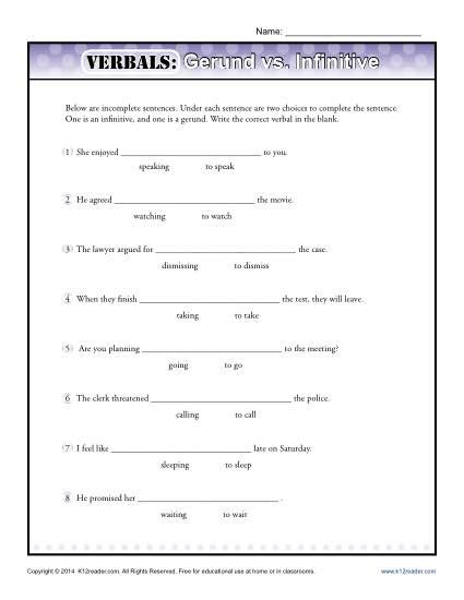 Verbals: Gerund vs. Infinitive | Verbal Worksheets