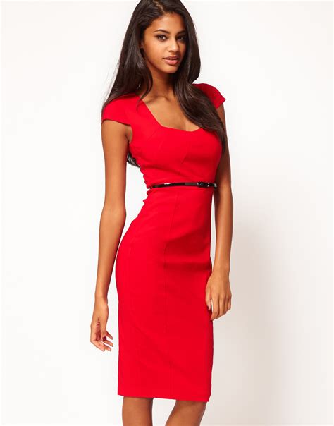 Asos Collection Asos Midi Pencil Dress with Belt in Red | Lyst