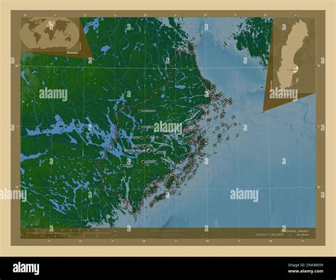 Stockholm, county of Sweden. Colored elevation map with lakes and rivers. Locations and names of ...