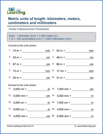 Grade 5 Math Worksheets: Convert metric lengths (mm, cm, m, km) | K5 ...