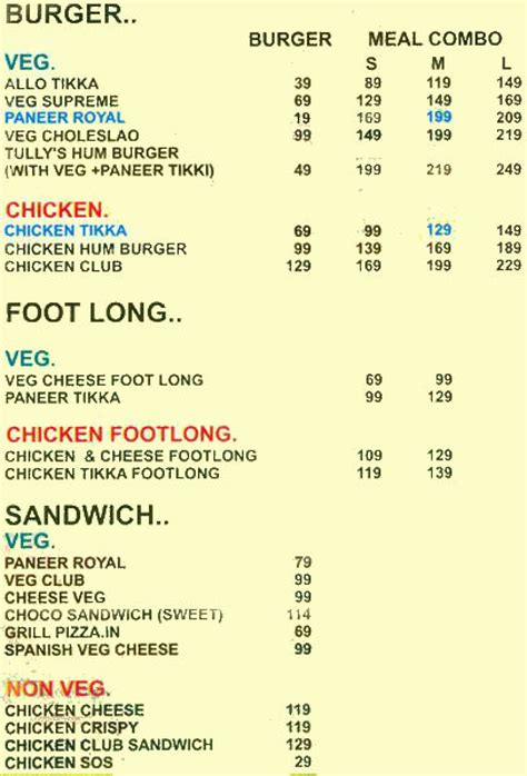 Tully's Restaurant Menu, Menu for Tully's Restaurant, GTB Nagar, North Delhi, Delhi NCR