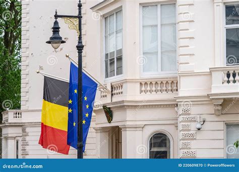 Flag of the European Union and Belgian Flags Over the Belgian Embassy in London. UK, London, May ...