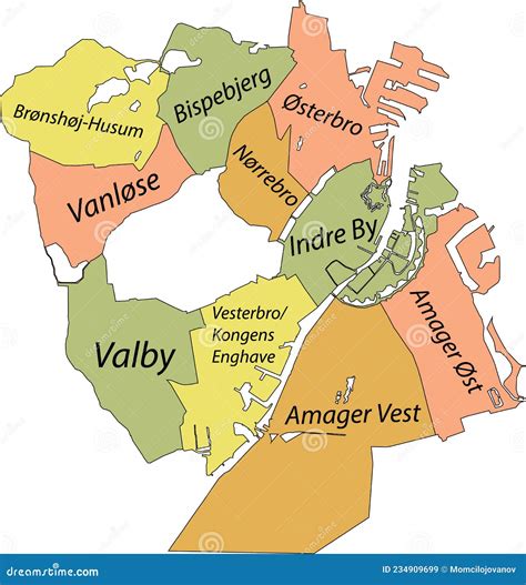 Pastel Districts Map of Copenhagen Municipality, Denmark Stock Vector ...