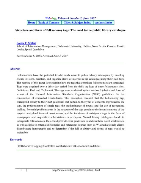 (PDF) Structure and form of folksonomy tags: The road to the public library catalogue