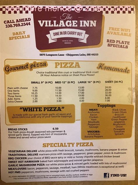 Menu at The Village Inn pizzeria, Chippewa Lake