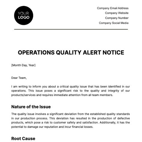 Operations Quality Alert Notice Template - Edit Online & Download ...