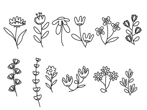 set of hand drawn flowers and leaves line art doodles. aesthetic ...