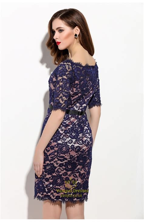 Navy Blue Lace Overlay Cocktail Dress With Half Sleeves | Vampal Dresses