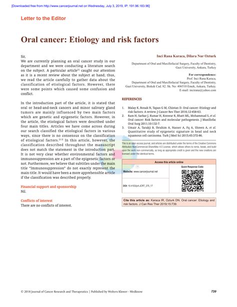 (PDF) Oral cancer: Etiology and risk factors