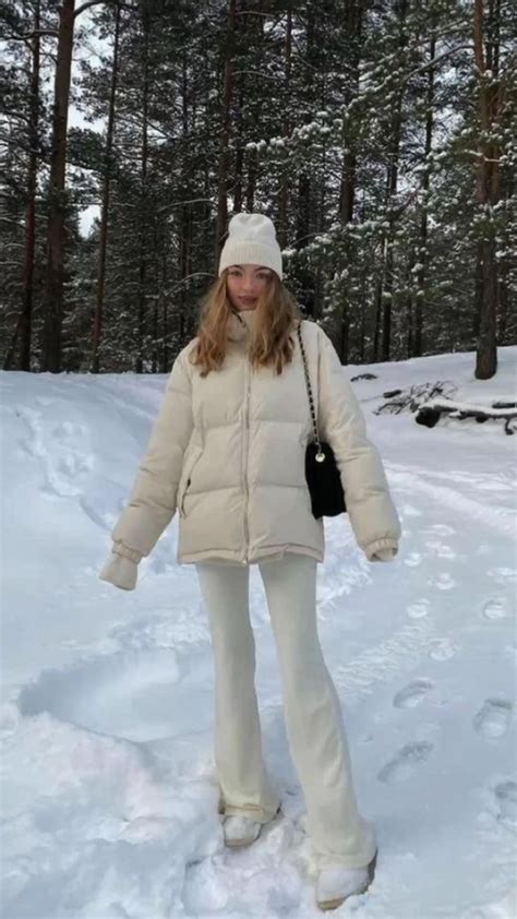 All white winter outfit ideas. Winter outfit inspiration. Puffer jacket outfits. Snow day ...