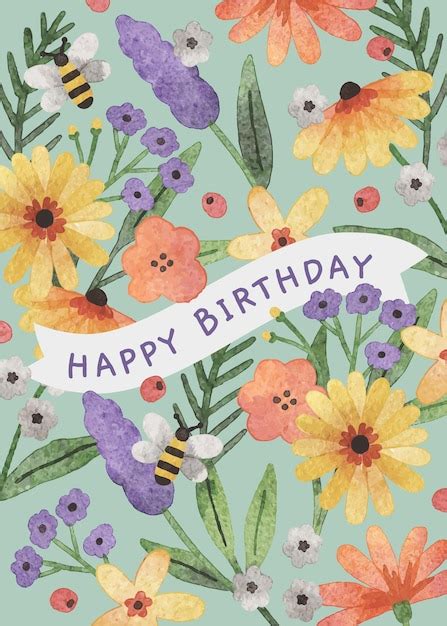 Premium Vector | Hand drawn colorful watercolor floral happy birthday card