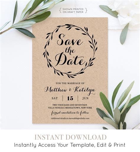 Rustic Save the Date Template, Instant Download, DIY Kraft, Printable Wedding Save the Date ...