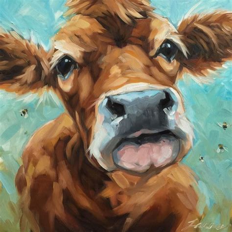 Brown Cow teal background Canvas Painting Projects, Cow Painting, Painting & Drawing, Watercolor ...