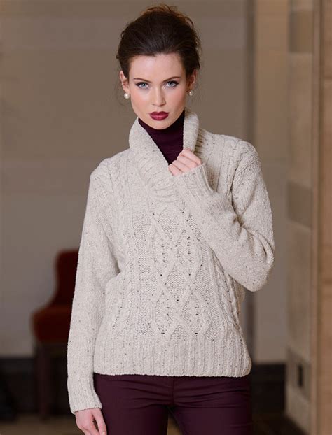 Wool Cashmere Aran Shawl Neck Sweater, Cable knit shawl collar | Aran ...