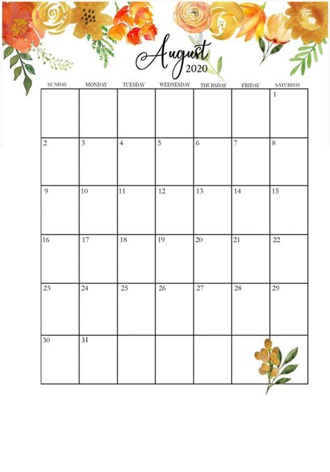 August 2020 Floral Calendar | Free printable calendar templates, Printable calendar template ...