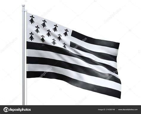 Brittany (Region of France) flag waving on white background, close up ...