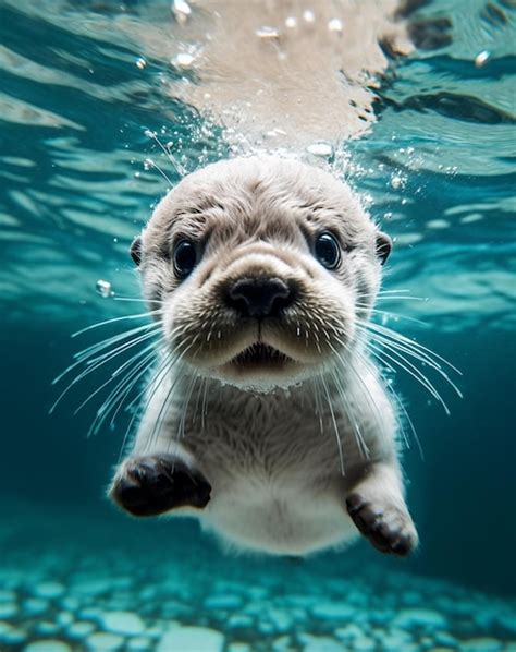 Premium Photo | A baby sea otter swimming underwater with its eyes closed.