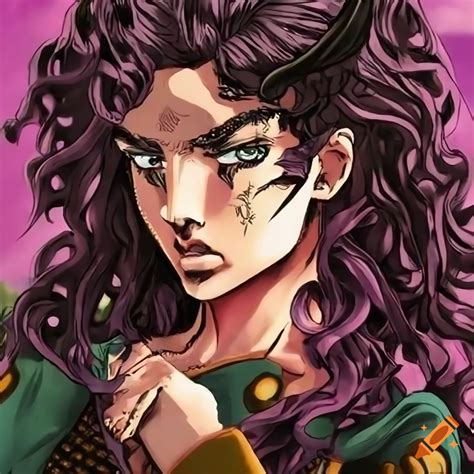 A boy with long curly dark brown hair in jojo's bizarre adventure art style hiroko araki stand ...