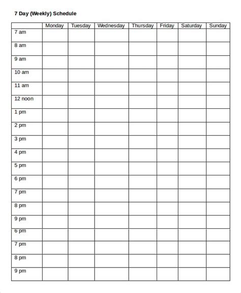 7 Day Weekly Schedule Template - Schedule Template